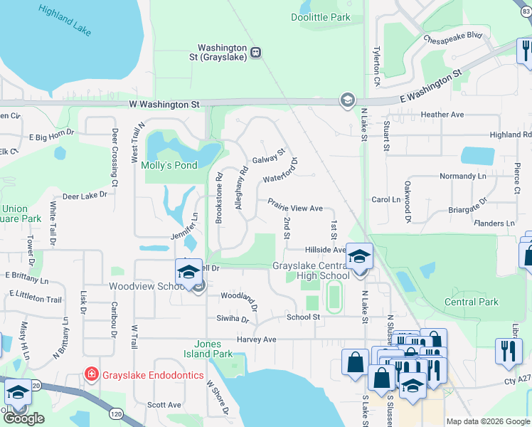 map of restaurants, bars, coffee shops, grocery stores, and more near 263 Prairie View Avenue in Grayslake