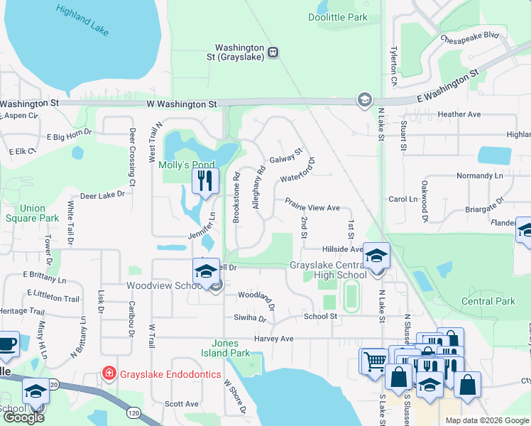 map of restaurants, bars, coffee shops, grocery stores, and more near 751 Alleghany Road in Grayslake