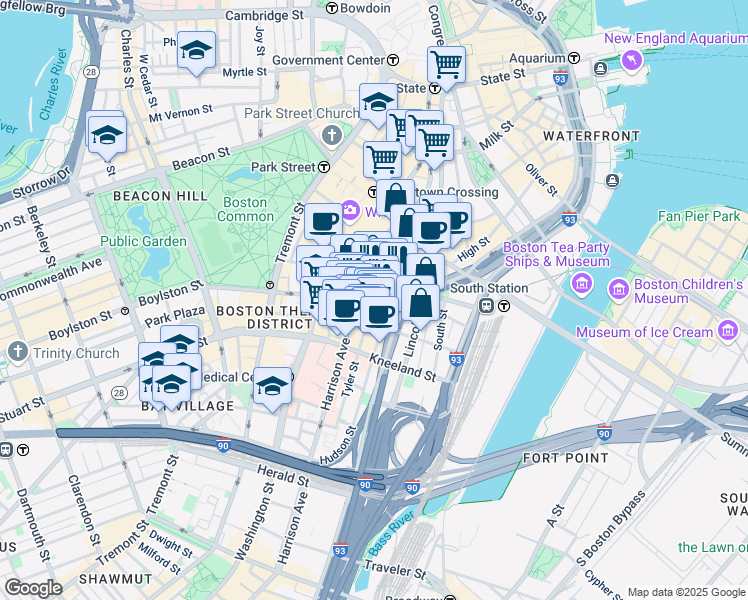 map of restaurants, bars, coffee shops, grocery stores, and more near 10 Oxford Street in Boston