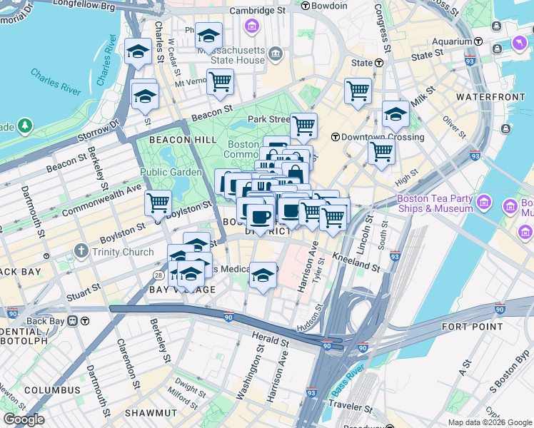 map of restaurants, bars, coffee shops, grocery stores, and more near in Boston