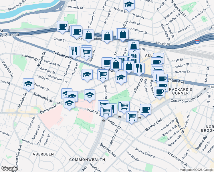map of restaurants, bars, coffee shops, grocery stores, and more near in Boston