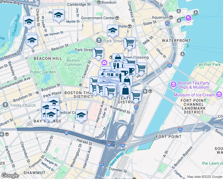 map of restaurants, bars, coffee shops, grocery stores, and more near 10 Oxford Street in Boston