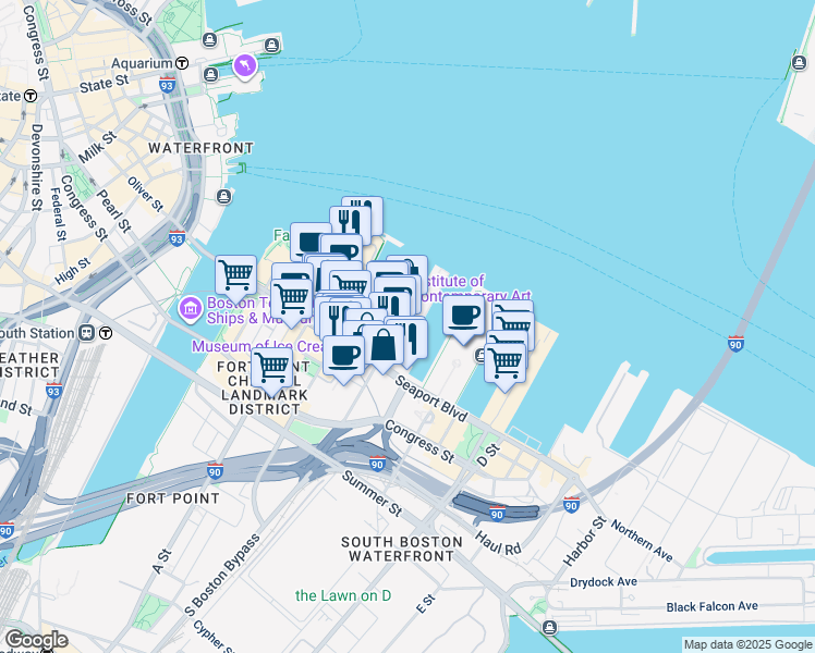 map of restaurants, bars, coffee shops, grocery stores, and more near 200 Pier 4 Boulevard in Boston