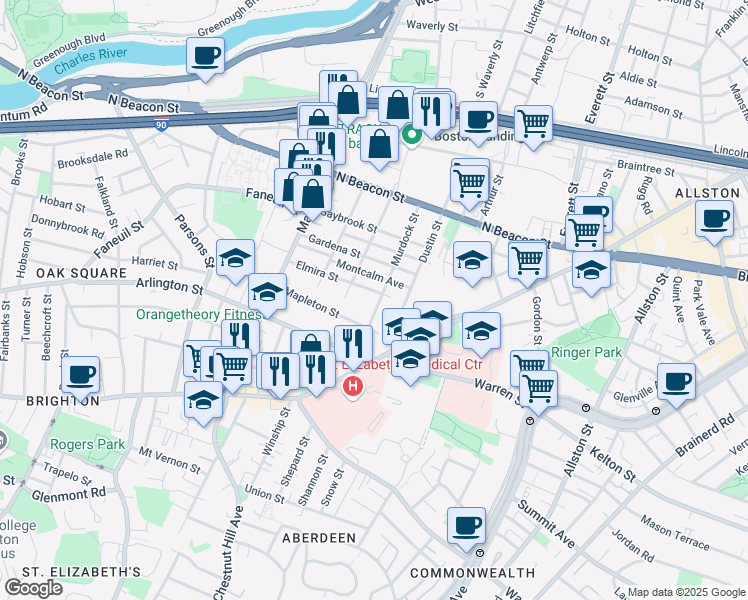 map of restaurants, bars, coffee shops, grocery stores, and more near 87 Murdock Street in Boston
