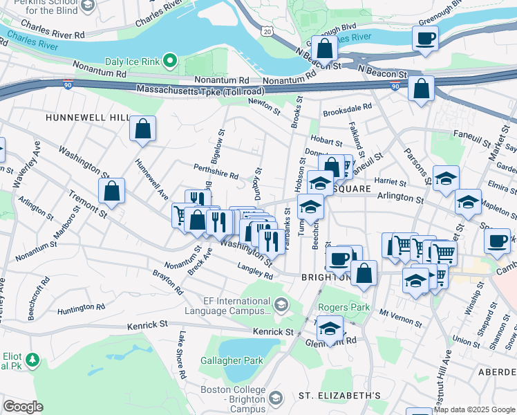map of restaurants, bars, coffee shops, grocery stores, and more near Faneuil St & Dunboy St in Boston
