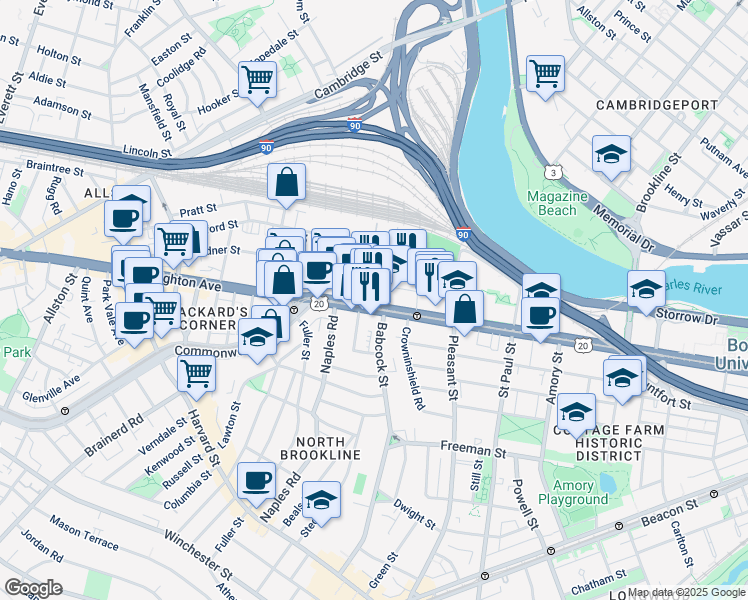map of restaurants, bars, coffee shops, grocery stores, and more near in Boston