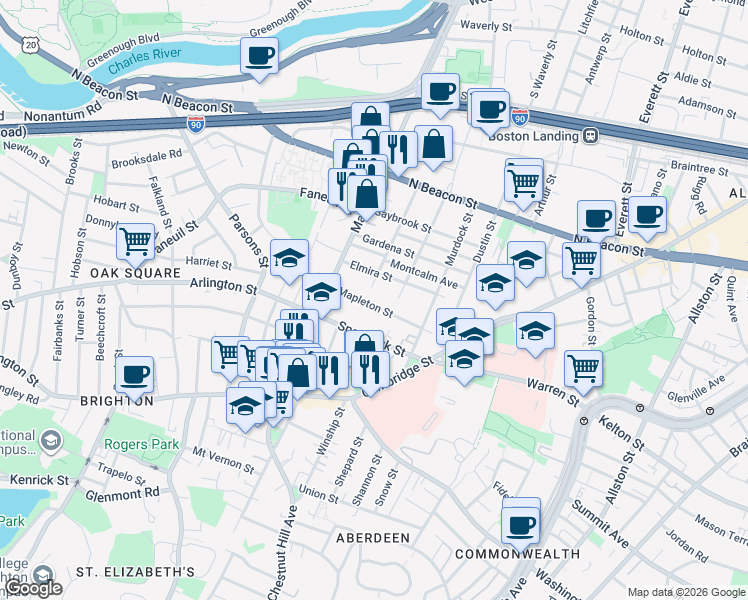 map of restaurants, bars, coffee shops, grocery stores, and more near 90 Glencoe Street in Boston