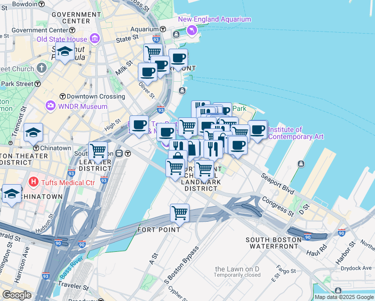 map of restaurants, bars, coffee shops, grocery stores, and more near 310-316 Congress Street in Boston