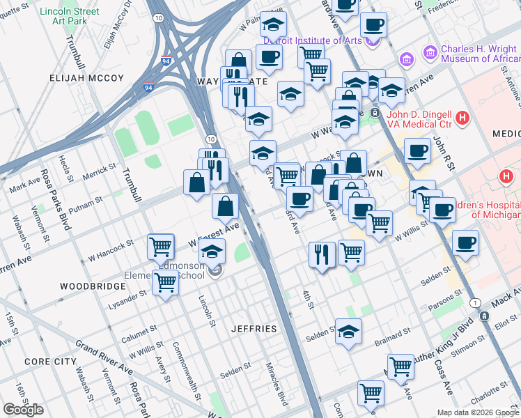 map of restaurants, bars, coffee shops, grocery stores, and more near 4707 3rd Avenue in Detroit