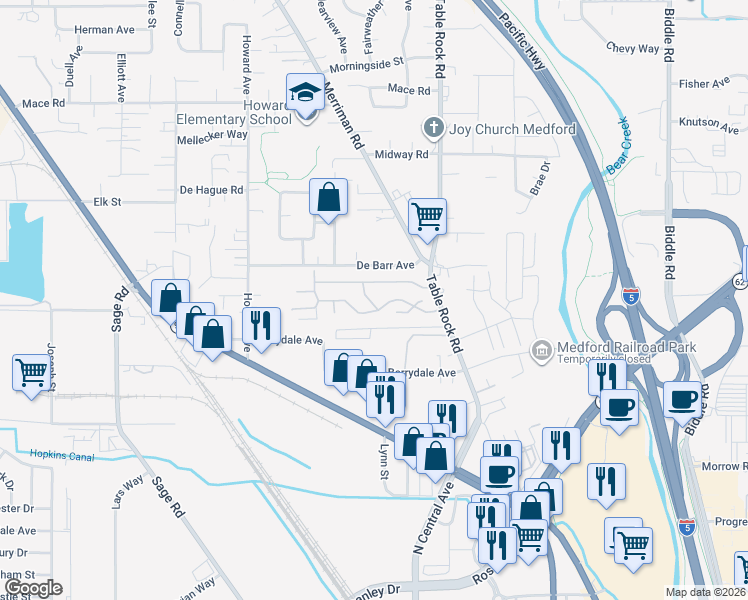 map of restaurants, bars, coffee shops, grocery stores, and more near 2385 Table Rock Road in Medford