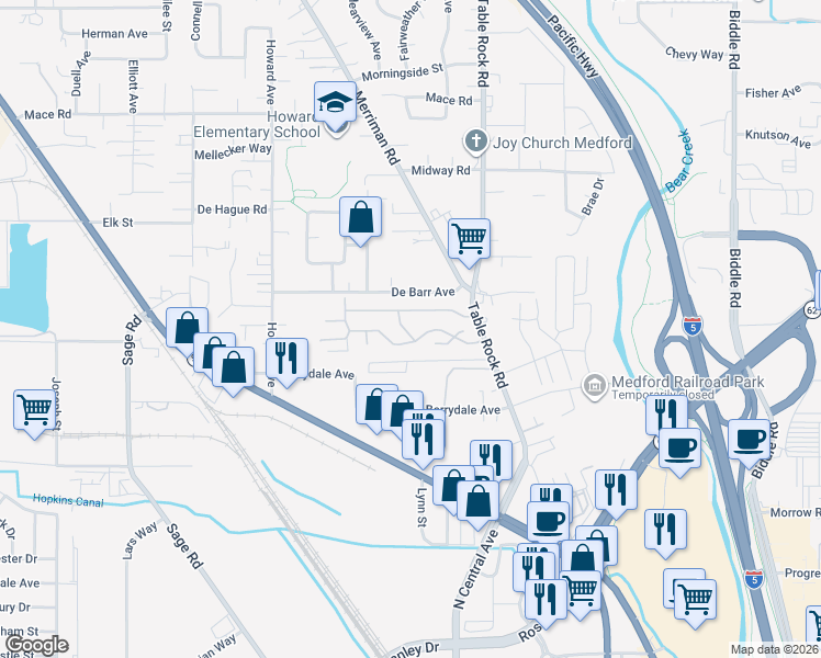 map of restaurants, bars, coffee shops, grocery stores, and more near 2385 Table Rock Road in Medford