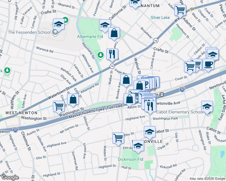 map of restaurants, bars, coffee shops, grocery stores, and more near 66 Walker Street in Newton