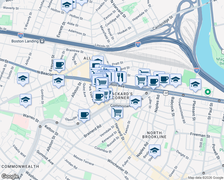 map of restaurants, bars, coffee shops, grocery stores, and more near 100 U.S. 20 in Boston