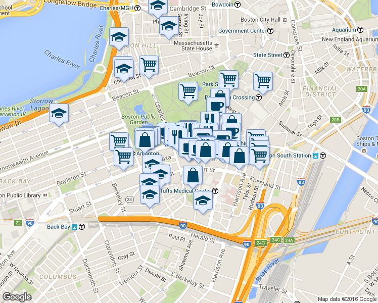 map of restaurants, bars, coffee shops, grocery stores, and more near 1 Boylston Place in Boston