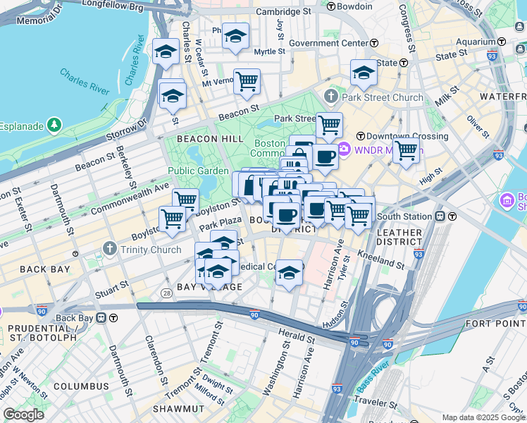 map of restaurants, bars, coffee shops, grocery stores, and more near 1 Boylston Place in Boston