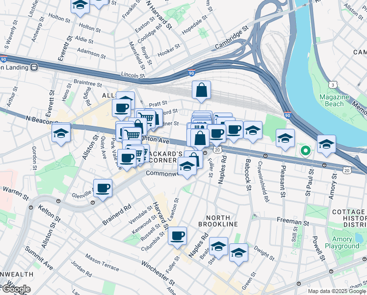 map of restaurants, bars, coffee shops, grocery stores, and more near 39 Brighton Avenue in Boston