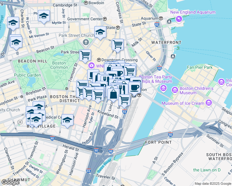 map of restaurants, bars, coffee shops, grocery stores, and more near 23 Lincoln Street in Boston