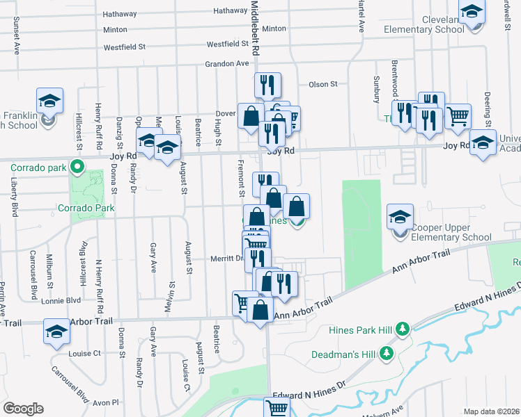 map of restaurants, bars, coffee shops, grocery stores, and more near 8492 Mackenzie Drive in Westland