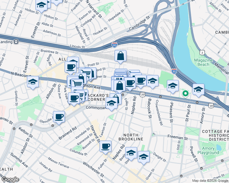 map of restaurants, bars, coffee shops, grocery stores, and more near 39 Brighton Avenue in Boston