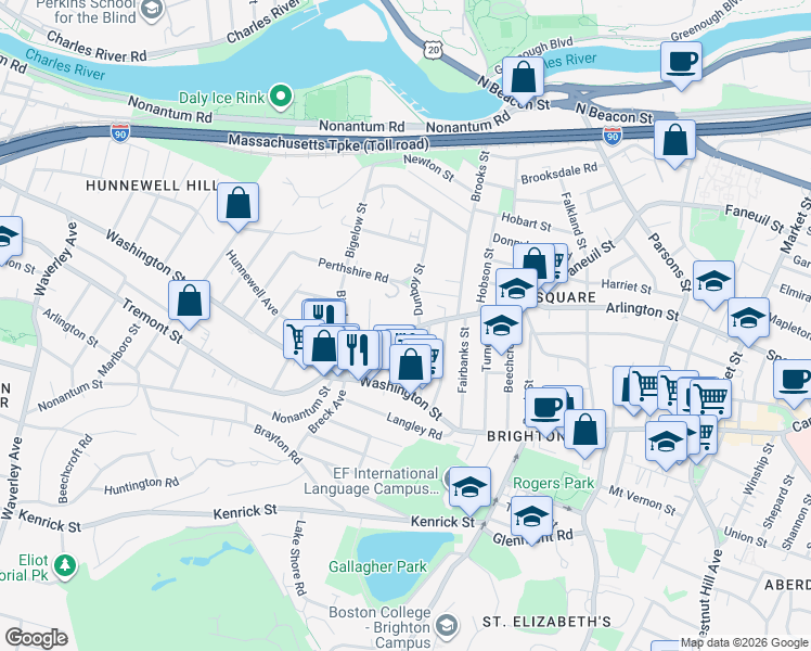 map of restaurants, bars, coffee shops, grocery stores, and more near 357 Faneuil Street in Boston