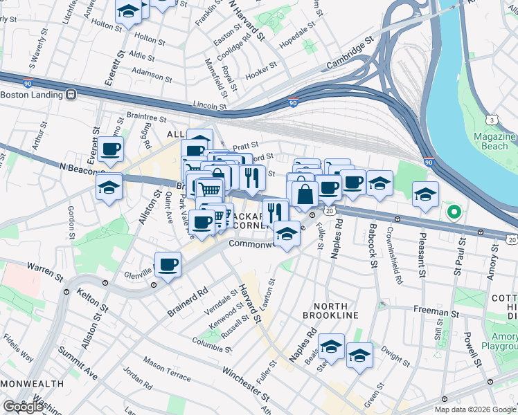 map of restaurants, bars, coffee shops, grocery stores, and more near 66 Brighton Avenue in Boston