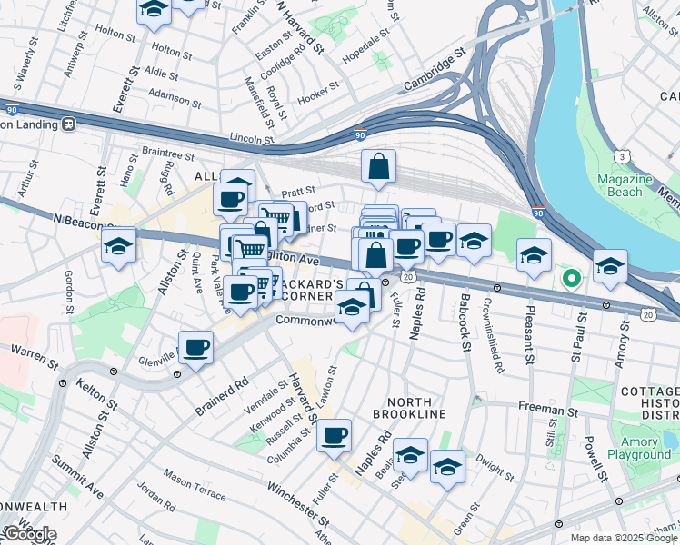 map of restaurants, bars, coffee shops, grocery stores, and more near 39 Brighton Avenue in Boston