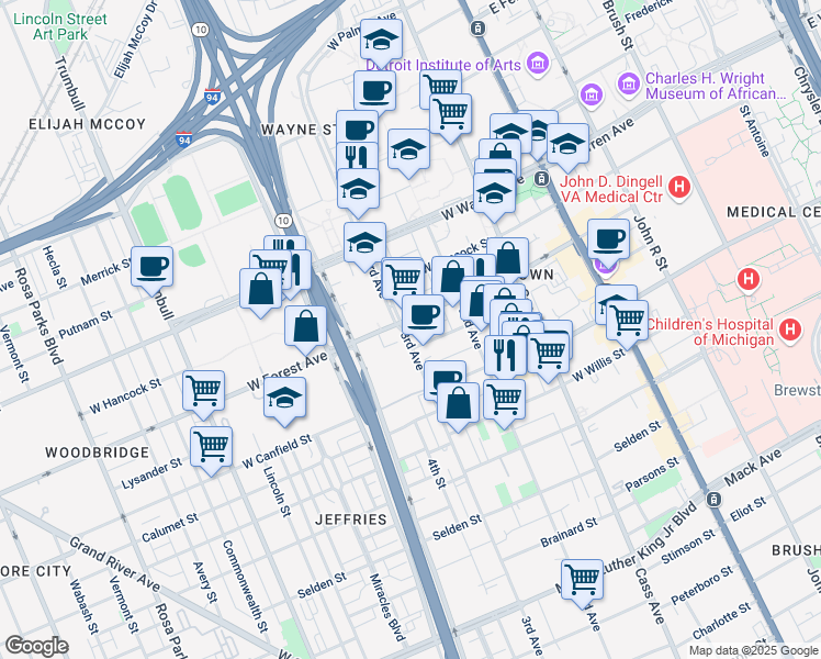 map of restaurants, bars, coffee shops, grocery stores, and more near 4626 3rd Avenue in Detroit