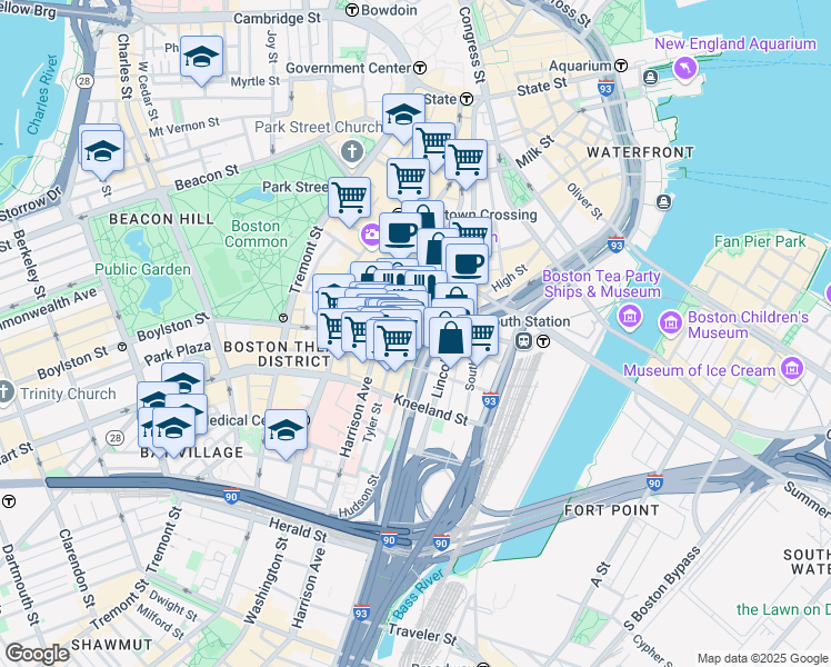 map of restaurants, bars, coffee shops, grocery stores, and more near 125 Kingston Street in Boston