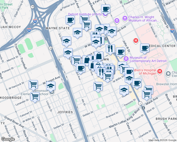 map of restaurants, bars, coffee shops, grocery stores, and more near 612 Prentis Street in Detroit