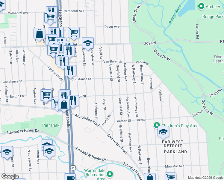 map of restaurants, bars, coffee shops, grocery stores, and more near 8259 Riverdale in Dearborn Heights