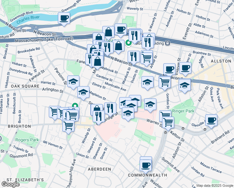 map of restaurants, bars, coffee shops, grocery stores, and more near 87 Murdock Street in Boston
