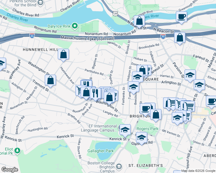 map of restaurants, bars, coffee shops, grocery stores, and more near 4-12 Perthshire Road in Boston