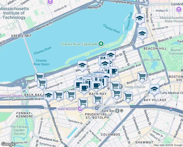 map of restaurants, bars, coffee shops, grocery stores, and more near 193 Marlborough Street in Boston