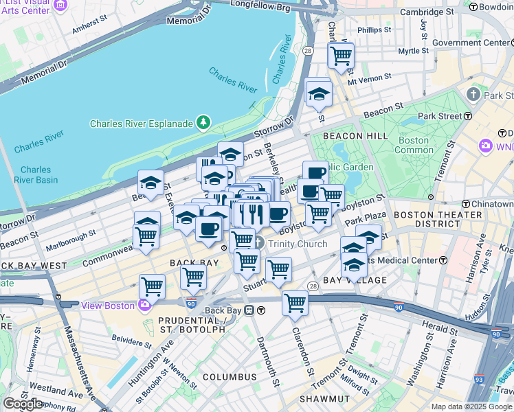 map of restaurants, bars, coffee shops, grocery stores, and more near 86 Commonwealth Avenue in Boston