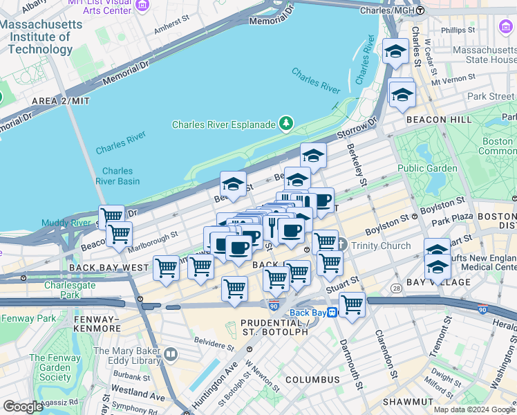 map of restaurants, bars, coffee shops, grocery stores, and more near 16 Exeter Street in Boston