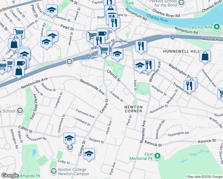 map of restaurants, bars, coffee shops, grocery stores, and more near 42 Hollis Street in Newton