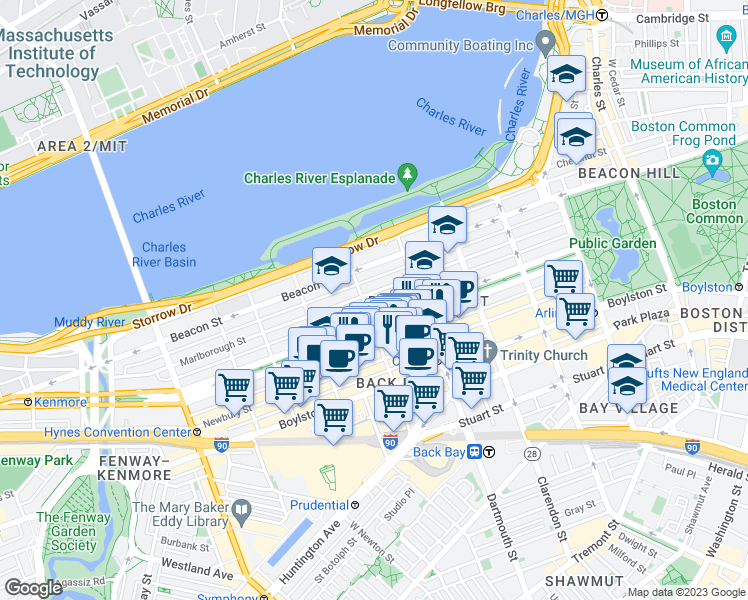 map of restaurants, bars, coffee shops, grocery stores, and more near 192 Marlborough Street in Boston