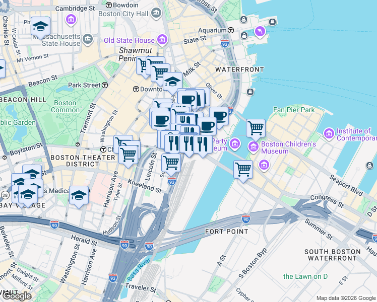 map of restaurants, bars, coffee shops, grocery stores, and more near 182 Summer Street in Boston