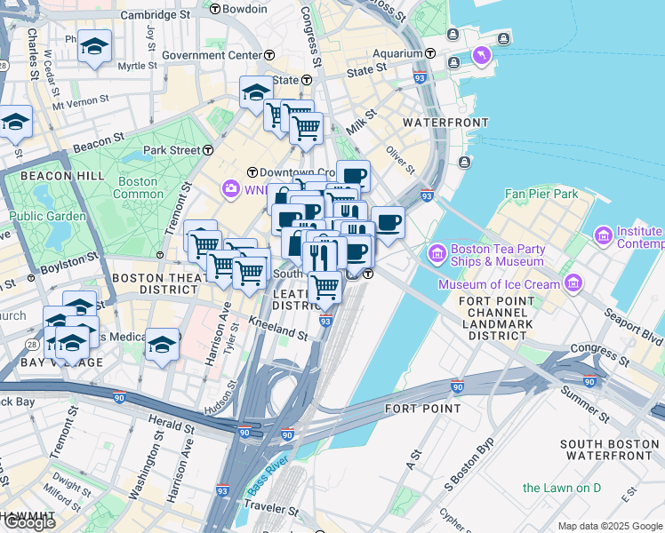 map of restaurants, bars, coffee shops, grocery stores, and more near 1 Financial Center in Boston