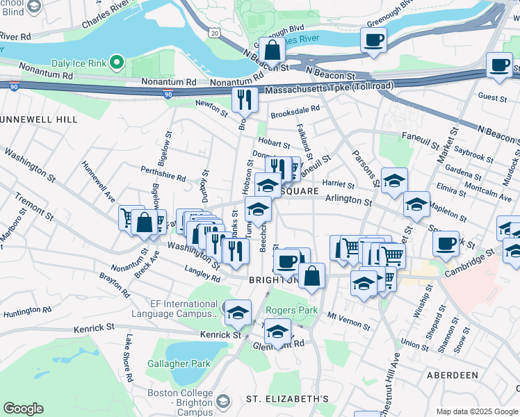 map of restaurants, bars, coffee shops, grocery stores, and more near 278 Faneuil Street in Boston