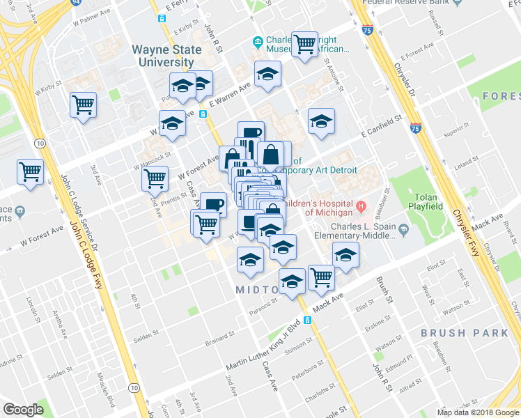 map of restaurants, bars, coffee shops, grocery stores, and more near 4216 Woodward Avenue in Detroit