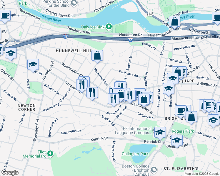 map of restaurants, bars, coffee shops, grocery stores, and more near 28 Hunnewell Avenue in Boston