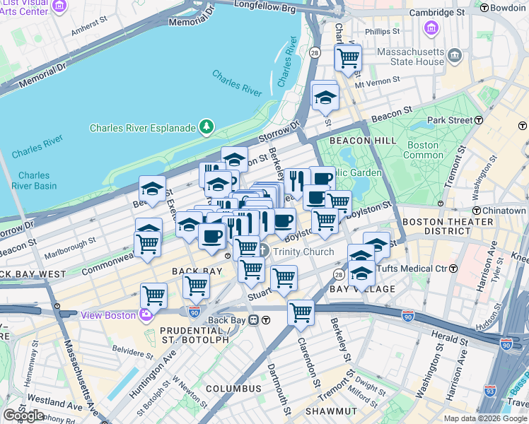map of restaurants, bars, coffee shops, grocery stores, and more near in Boston