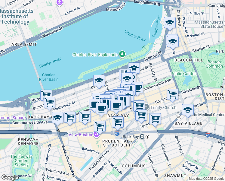 map of restaurants, bars, coffee shops, grocery stores, and more near 190 Marlborough Street in Boston