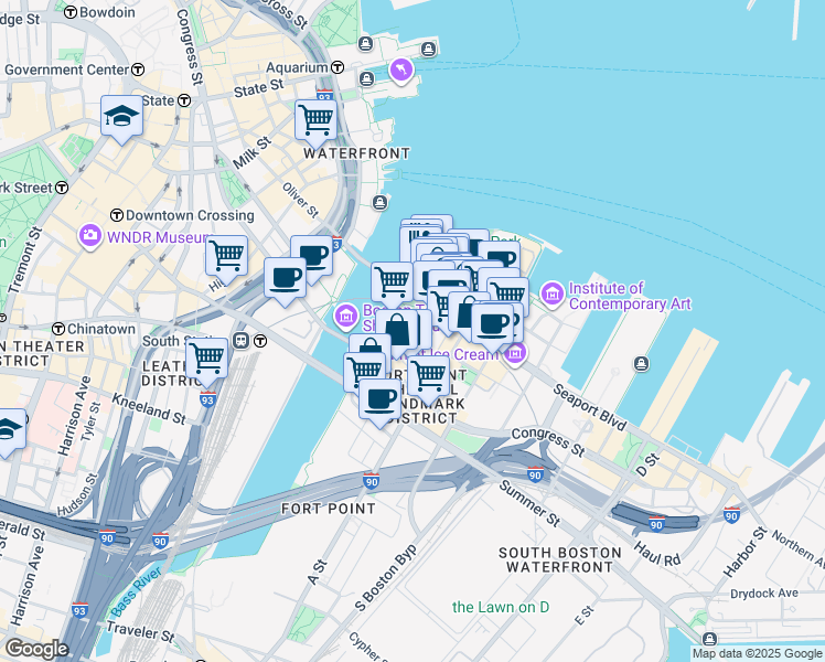 map of restaurants, bars, coffee shops, grocery stores, and more near 28-36 Sleeper Street in Boston