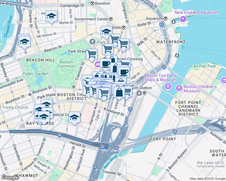 map of restaurants, bars, coffee shops, grocery stores, and more near 125 Kingston Street in Boston