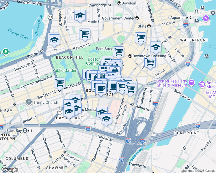 map of restaurants, bars, coffee shops, grocery stores, and more near in Boston