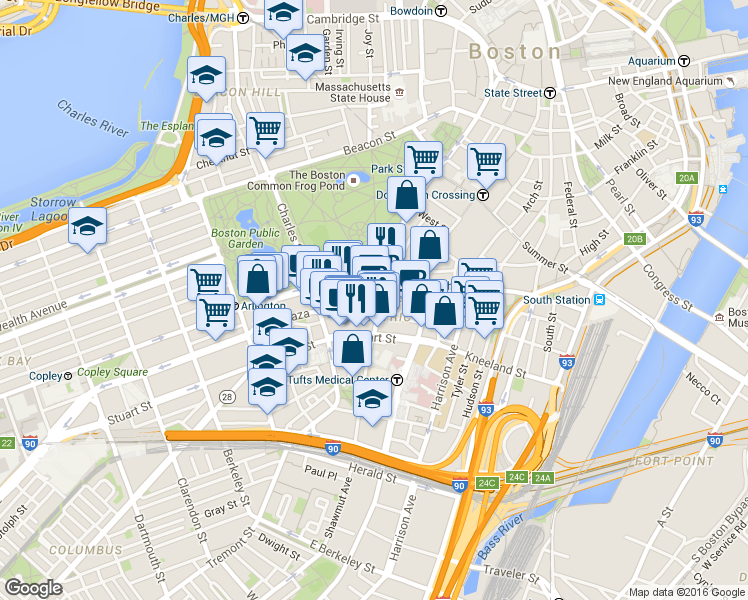 map of restaurants, bars, coffee shops, grocery stores, and more near 125 Boylston Street in Boston