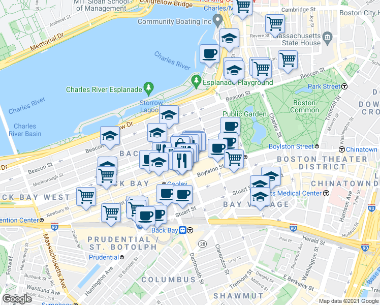 map of restaurants, bars, coffee shops, grocery stores, and more near in Boston