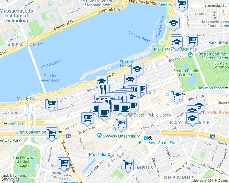 map of restaurants, bars, coffee shops, grocery stores, and more near 193 Marlborough Street in Boston